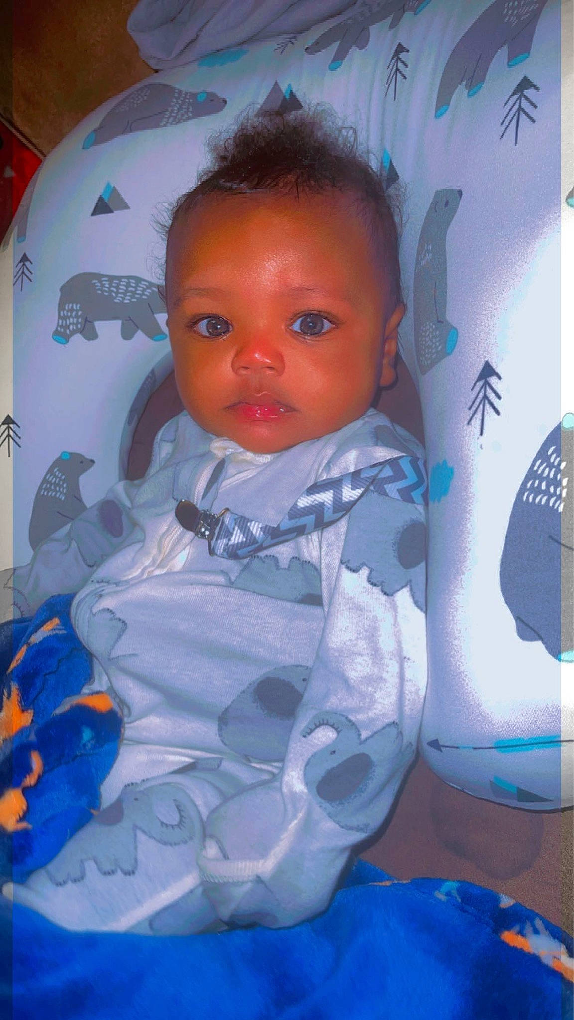 Jahlil joined the competition — help win amazing prizes! baby, baby_toddler_clothing, blue, cheek, child, electric_blue, eyelash, fun, iris, linens, lip, mouth, person, plastic, product, room, skin, sleeve, textile, toddler