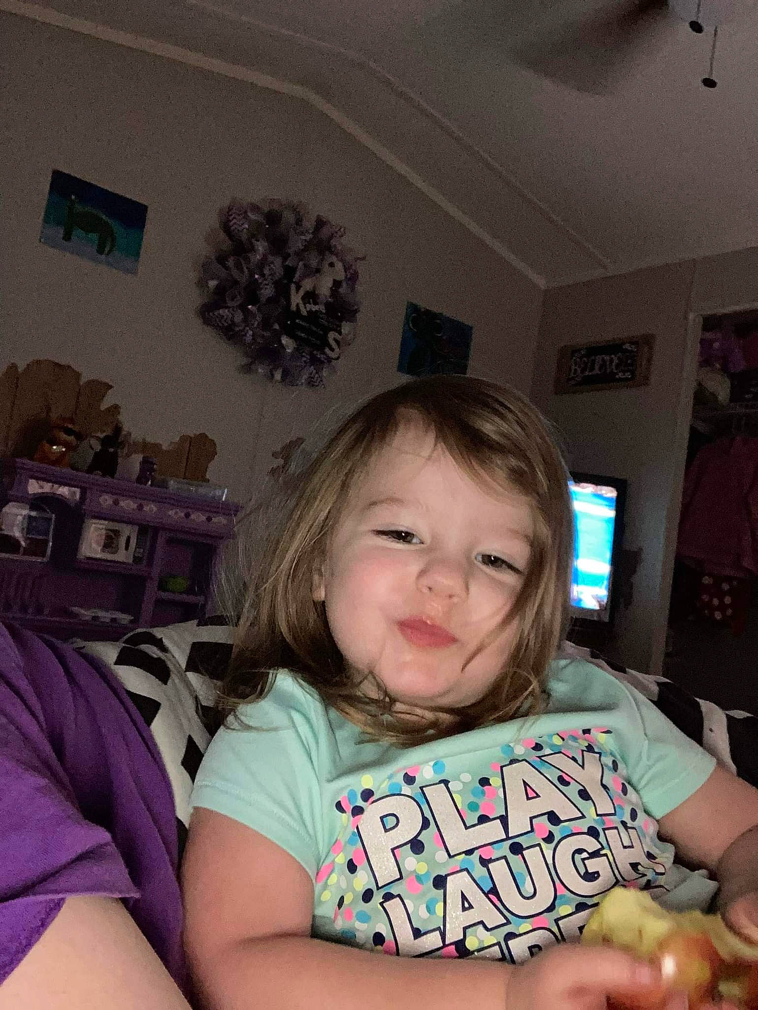 Kimberly joined the competition — help win amazing prizes! arm, ceiling_fan, chair, cheek, child, fun, happy, holiday, home_appliance, iris, mammal, mechanical_fan, party, person, picture_frame, room, sitting, smile, t_shirt, tableware