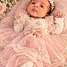 baby, infant, child, portrait, pink, dress, lace, tulle, flower_crown, flowers, roses, floral, blanket, lying_down, awake, blue_eyes, headband, bow, fashion, studio_photography