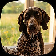Véga participe au concours pour gagner de l'argent avec cette photo : dog, portrait, spotted_coat, brown_fur, black_and_white, floppy_ears, long_snout, large_dog, sitting, indoors, window, garden, nature, sunlight, close_up, animal, pet, looking_at_camera, warm_lighting, photography