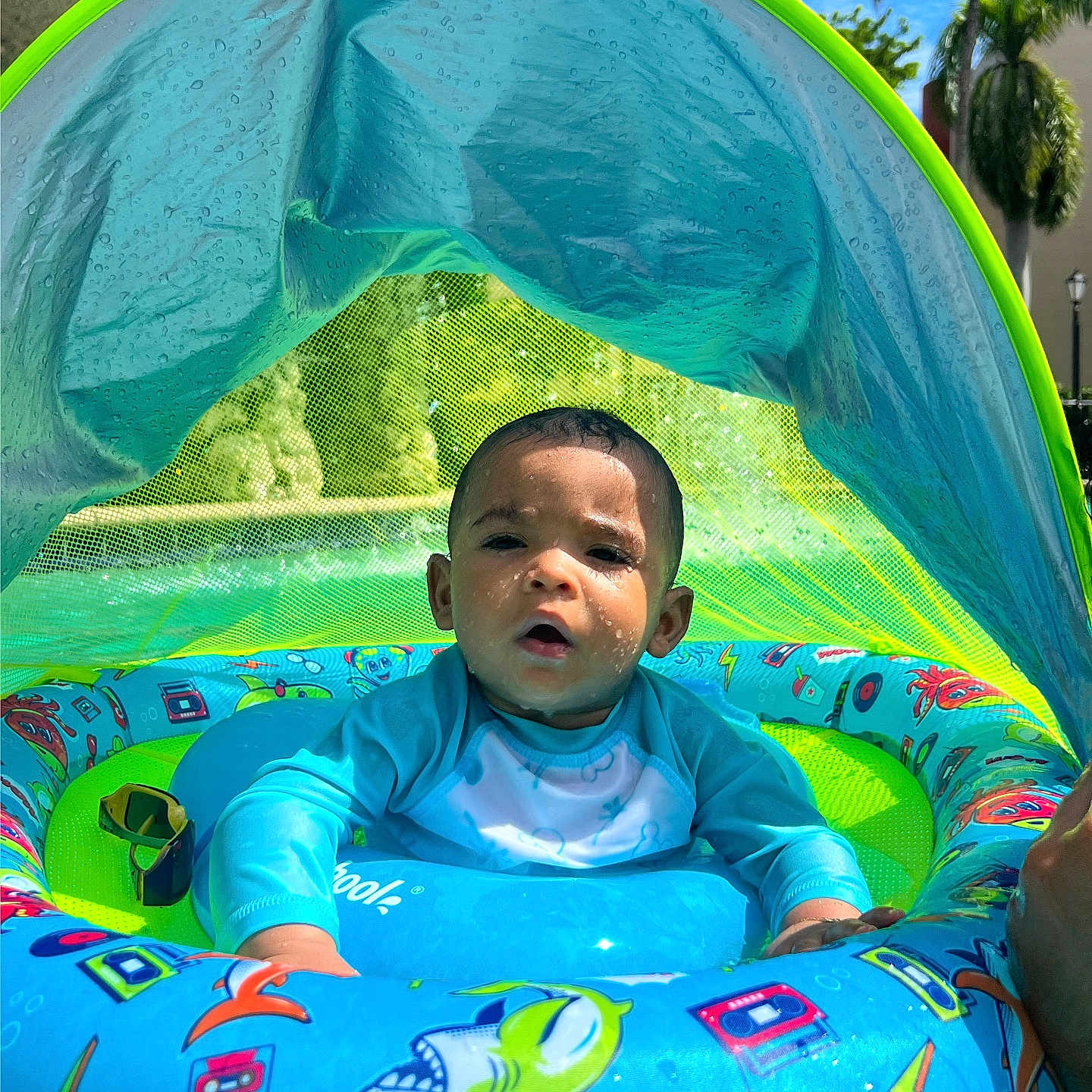 Ezra joined the competition — help win amazing prizes! amusementpark, baby, face, head, leisureactivities, nature, outdoors, palmtree, person, photography, plant, pool, portrait, sport, summer, swimming, swimmingpool, tree, water, waterpark