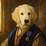 Arturo is registered to the contest to win money with this photo: dog, golden_retriever, portrait, aristocrat, historical, painting, digital_art, formal_attire, robe, medal, ornate, golden, fluffy, headshot, front_facing, brown_background, decorative, royal, museum_style, good_boy