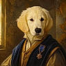 dog, golden_retriever, portrait, aristocrat, historical, painting, digital_art, formal_attire, robe, medal, ornate, golden, fluffy, headshot, front_facing, brown_background, decorative, royal, museum_style, good_boy