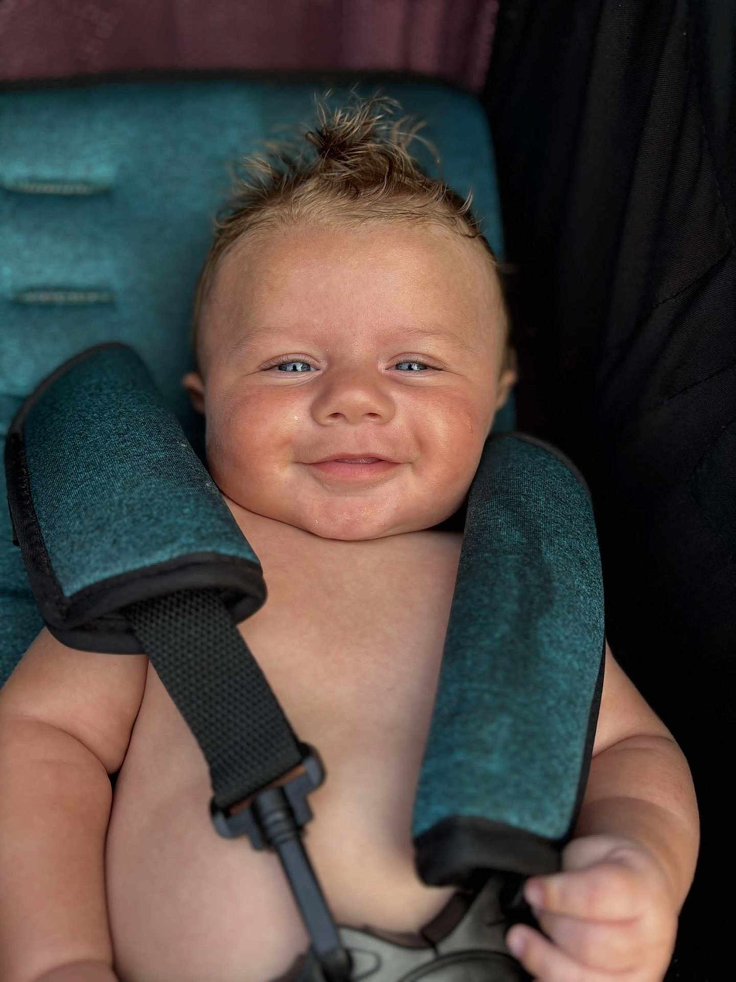 Elijah joined the competition — help win amazing prizes! baby, smiling, blue_eyes, car_seat, seatbelt, child, cute, hair_spikes, happy, infant, skin, shoulders, hand, closeup, portrait, seat_straps, child_safety, baby_face, person, baby_boy