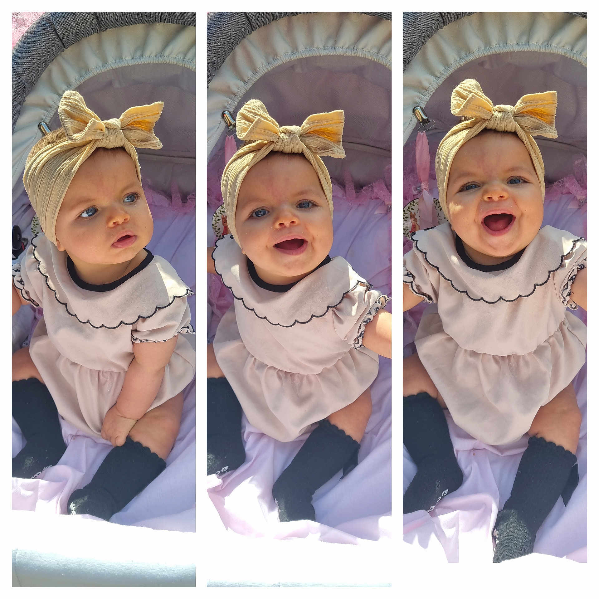 River-Rose is registered to the contest to win money with this photo: baby, child, infant, headband, bow, dress, stroller, pink, black_socks, smiling, happy, sitting, cute, portrait, outdoor, sunlight, expression, triptych, clothing, person