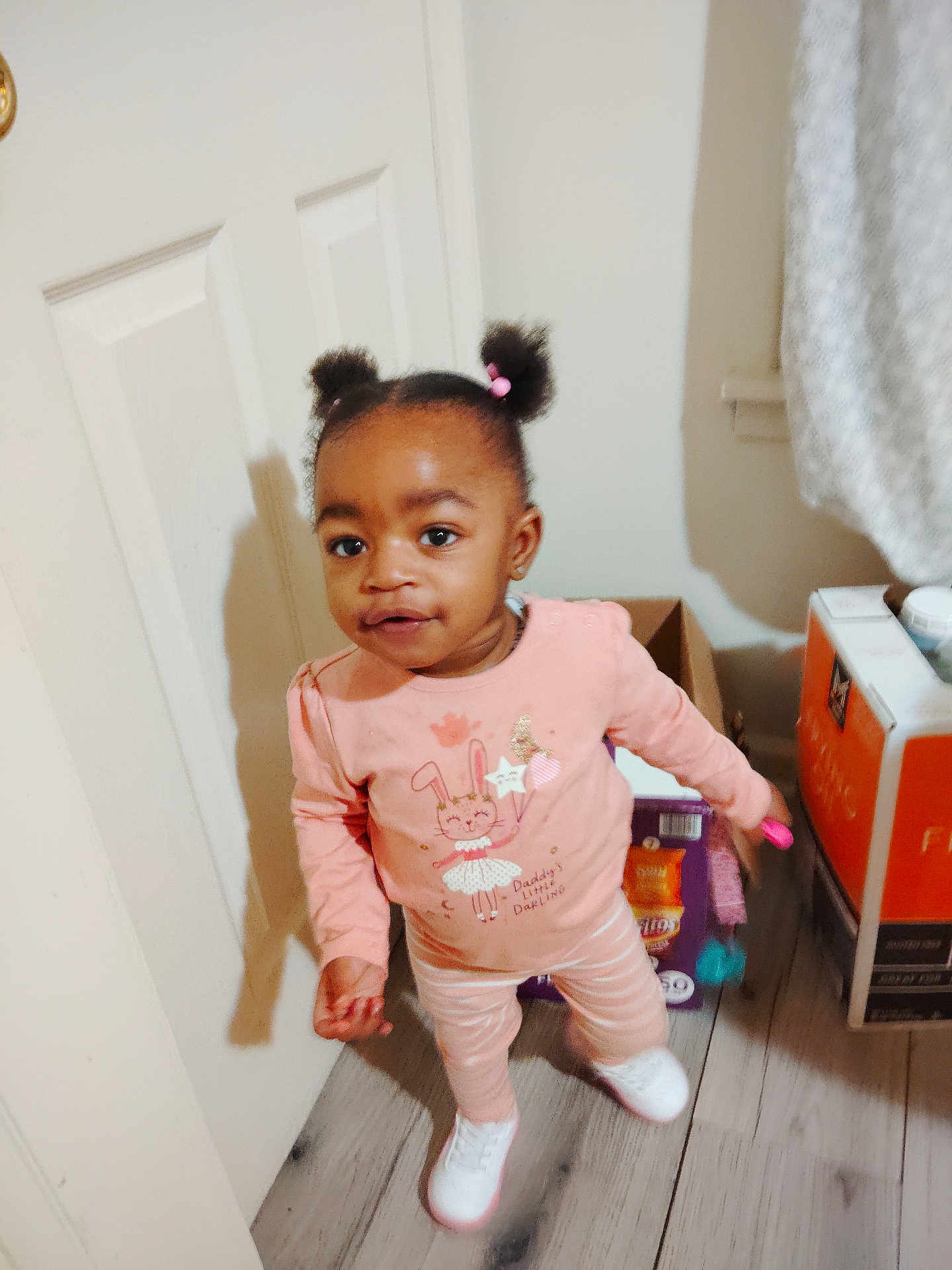 Kenyatta is registered to the contest to win money with this photo: toddler, child, indoor, pink_clothing, pigtails, white_shoes, wooden_floor, door, box, curious, standing, person, cute, young_child, smiling, hair_buns, flooring, playful, home_interior, girl