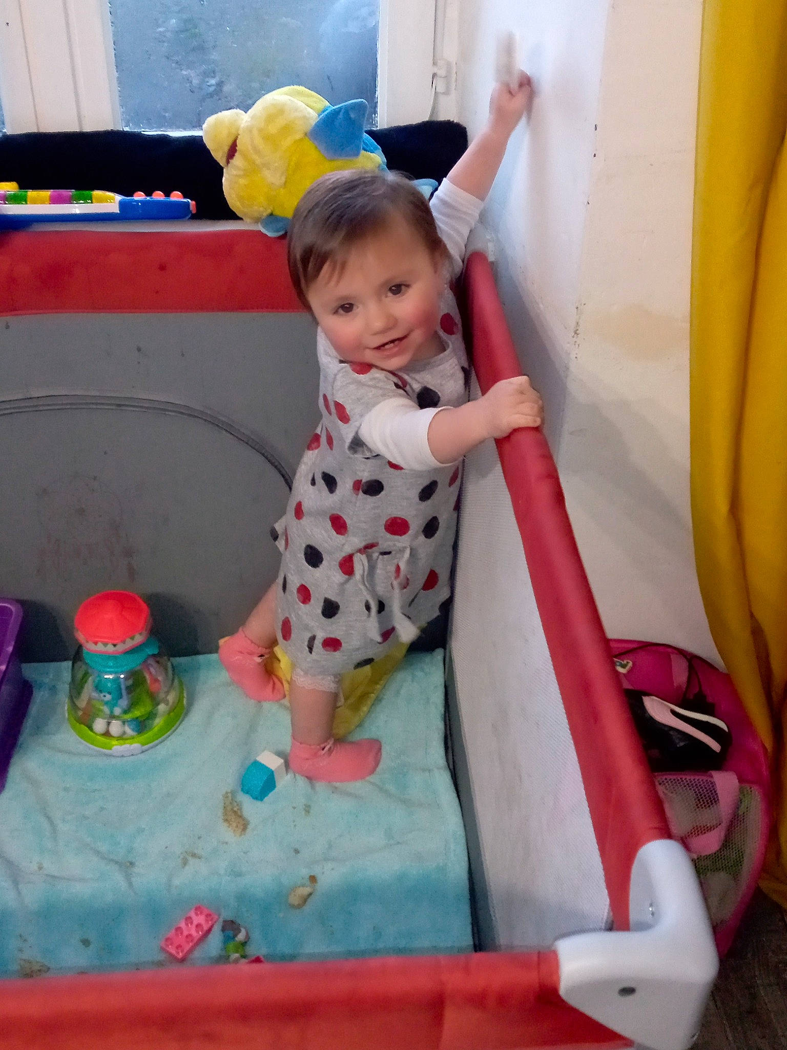 Louna participe au concours pour gagner de l'argent avec cette photo : baby, baby_products, baby_toddler_clothing, baby_toys, blue, cake_decorating, child, curtain, fun, happy, joy, leisure, person, pink, play, red, room, sitting, smile, toddler