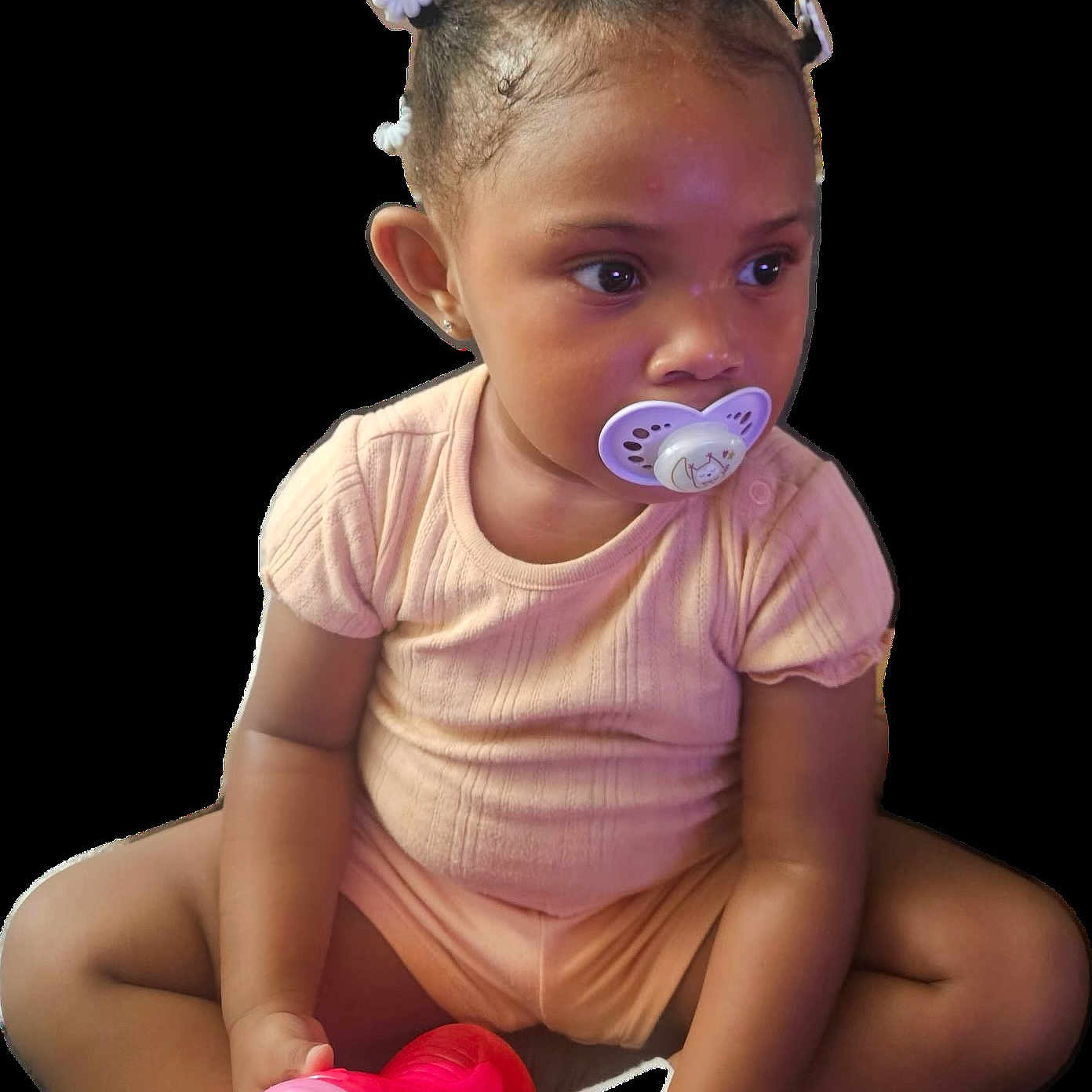 Ahlani joined the competition — help win amazing prizes! baby, child, cross_legged, curious, cute, flower, hair_clips, holding, indoor, infant, pacifier, person, pink_clothing, playful, short_sleeve, sitting, skin, toddler, toy, young_child