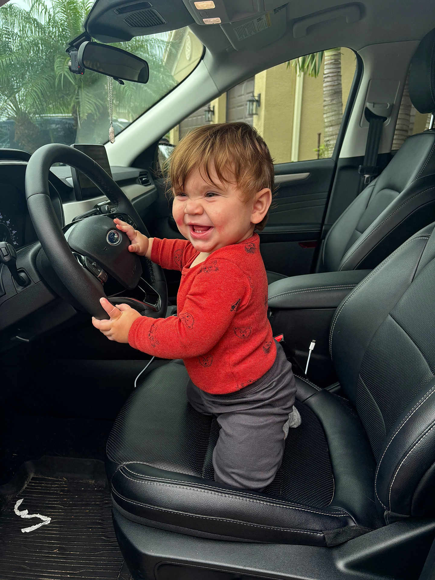 Beau is registered to the contest to win money with this photo: toddler, child, car_interior, steering_wheel, black_leather_seat, red_sweater, smile, happy, cute, baby, dashboard, window, seatbelt, car_floor_mat, indoor, portrait, young_child, car_door, natural_light, casual_clothing