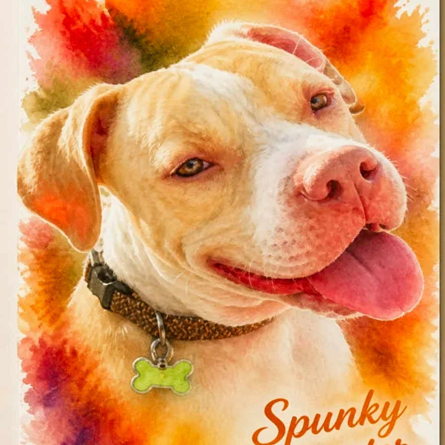 Spunky Brewster is registered to the contest to win money with this photo: dog, portrait, watercolor, painting, artwork, pet, canine, happy, smiling, tongue_out, collar, bone_tag, hanging_frame, wall_art, colorful, orange, red, indoor, phone_screenshot, wall