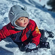 Lizio a rejoint le concours — aidez-le/la à gagner de superbes lots ! beanie, boots, child, cold_weather, face, gloves, hat, hill, mittens, outdoor, playful, portrait, red_jacket, rosy_cheeks, sitting, smile, snow, snowball, toddler, winter_clothing