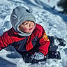 beanie, boots, child, cold_weather, face, gloves, hat, hill, mittens, outdoor, playful, portrait, red_jacket, rosy_cheeks, sitting, smile, snow, snowball, toddler, winter_clothing