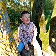 Noé a rejoint le concours — aidez-le/la à gagner de superbes lots ! child, boy, smiling, plaid_shirt, jeans, outdoor, tree, nature, sunlight, forest, sitting, happy, casual_clothing, daylight, greenery, young, portrait, wood, relaxed, playful