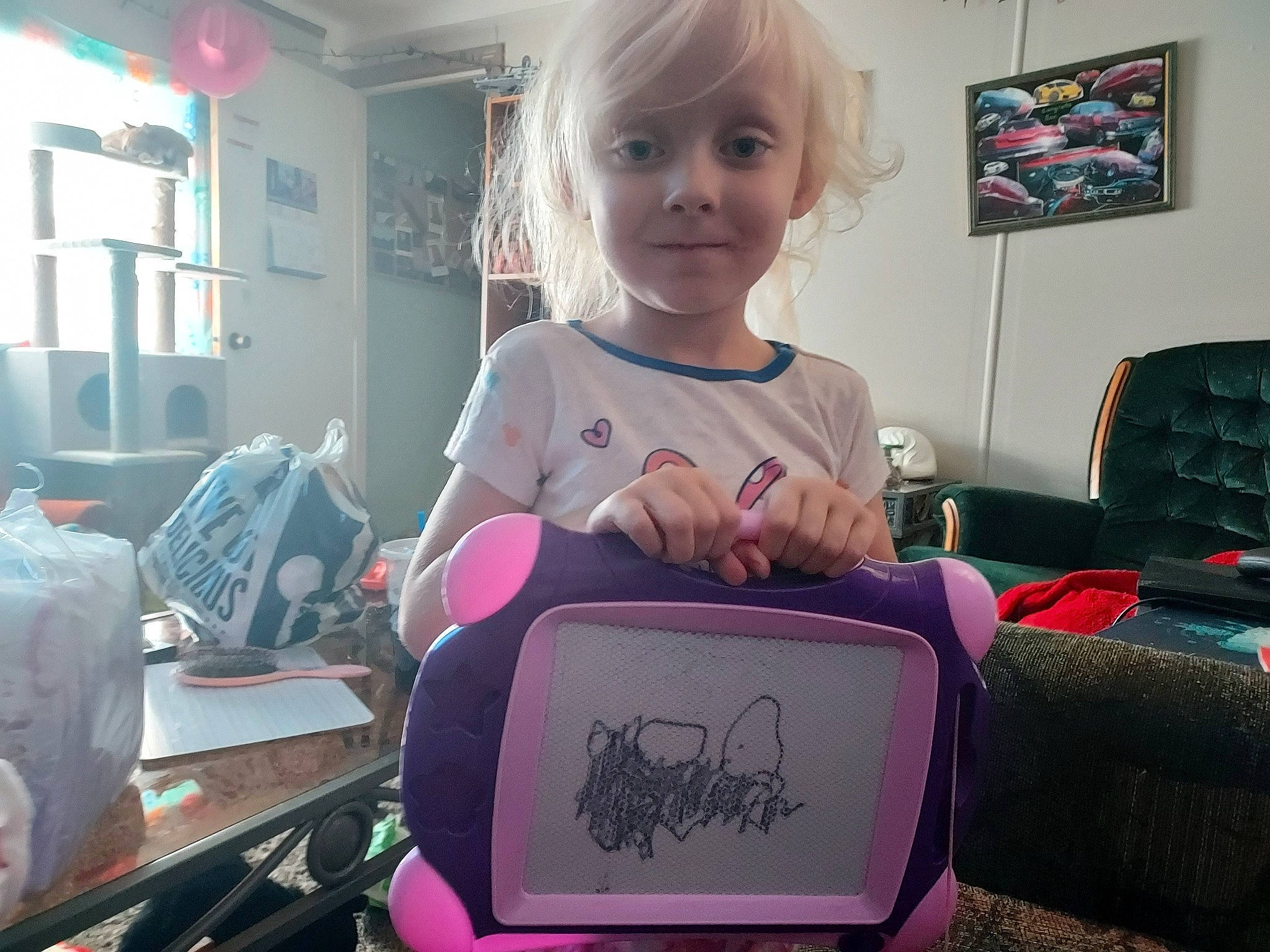 Charlilynn joined the competition — help win amazing prizes! bag, chair, child, couch, eyelash, fashion_accessory, font, fun, gadget, happy, joy, magenta, pattern, person, picture_frame, pink, purple, room, sitting, t_shirt