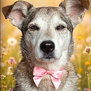 Finger a rejoint le concours — aidez-le/la à gagner de superbes lots ! dog, pink_bow_tie, wildflowers, field, outdoor, portrait, animal, pet, ears, fur, nature, sunlight, close_up, cute, mammal, flower, grass, nose, whiskers, summer