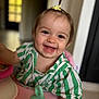 Lily-Rose participe au concours pour gagner de l'argent avec cette photo : baby, child, smiling, happy, face, portrait, indoors, green_striped_shirt, pink_baby_walker, baby_teeth, hair_ponytail, yellow_scrunchie, cute, infant, person, playful, closeup, young_child, cheerful, baby_toy