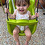 Lily-Rose a rejoint le concours — aidez-le/la à gagner de superbes lots ! baby, barefoot, child, concrete_floor, daylight, face, feet, green_swing, happy, legs, outdoor, person, play, pottery, rope, short_hair, smiling, swing, tank_top, toddler