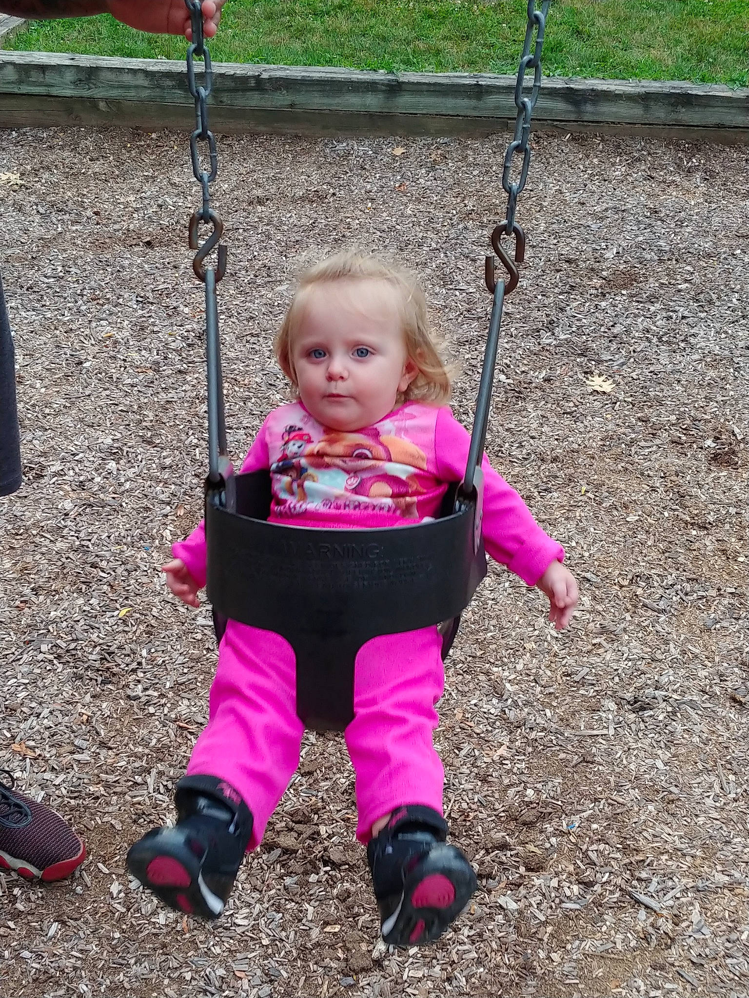 Myiah joined the competition — help win amazing prizes! child, fun, human_settlement, magenta, outdoor_play_equipment, person, pink, play, playground, public_space, recreation, smile, swing, toddler