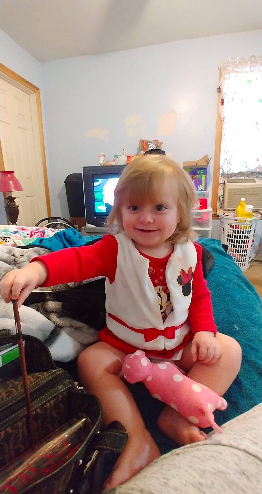 Myiah joined the competition — help win amazing prizes! baby, chair, child, christmas_eve, finger, joy, person, play, sitting, smile, thumb, toddler