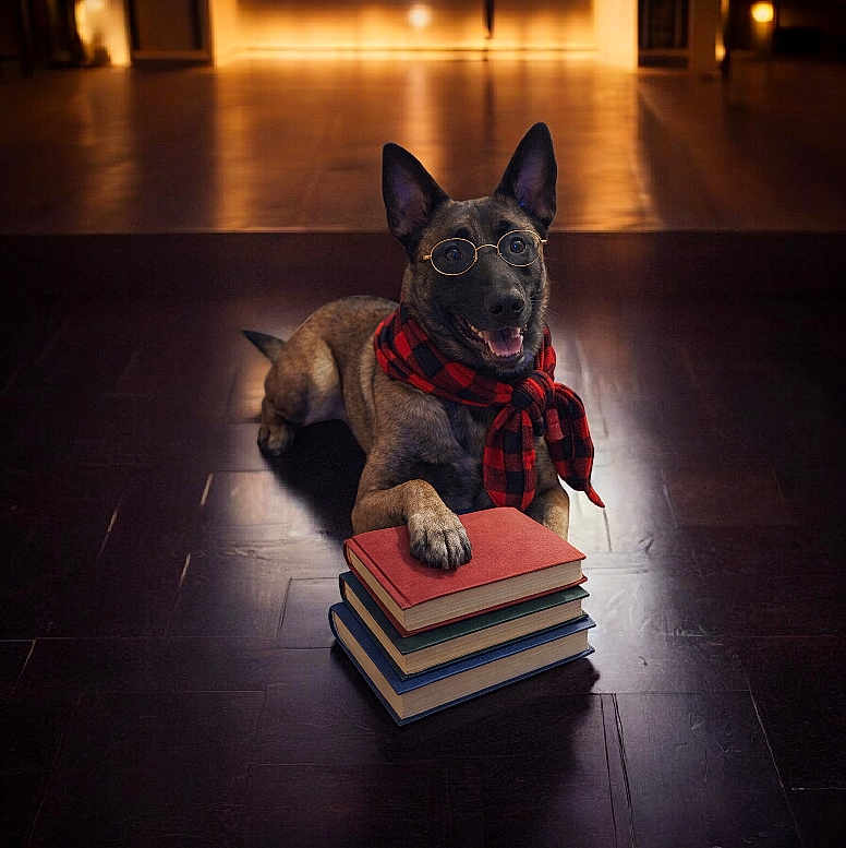 Lilith joined the competition — help win amazing prizes! dog, glasses, scarf, books, wooden_floor, indoors, pet, brown_dog, stack_of_books, cozy, warm_lighting, portrait, smiling_dog, animal, floor, plaid_scarf, reading, cute, intelligent_look, domestic