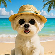 Blue joined the competition — help win amazing prizes! dog, beach, sunglasses, hat, straw_hat, white_fur, smiling, ocean, sand, palm_trees, sunny, vacation, cute, pet, summer, portrait, canine, outdoor, happy, holiday
