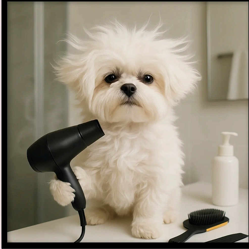 Blue is registered to the contest to win money with this photo: adorable, animal, bathroom, brush, comb, counter, cute, dog, fluffy, fur, grooming, hairdryer, indoor, paw, pet, pet_care, puppy, small_dog, still_life, white_fur