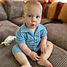 Ayan is registered to the contest to win money with this photo: baby, child, blue_outfit, knitwear, sitting, sofa, couch, plush, indoors, curtains, cushions, face, expression, wide_eyes, puckered_lips, skin, barefoot, home, soft_furniture, portrait