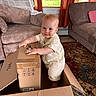 Ayan is registered to the contest to win money with this photo: toddler, child, cardboard_box, living_room, curtains, couch, carpet, window, sunlight, smile, indoor, furniture, baby, box, curious, home, playful, person, cozy, casual