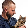 man, cat, tabby_cat, pet, holding, portrait, beard, short_hair, blue_shirt, indoor, closeup, animal, human, face, eyes, fur, expression, affection, companion, white_background