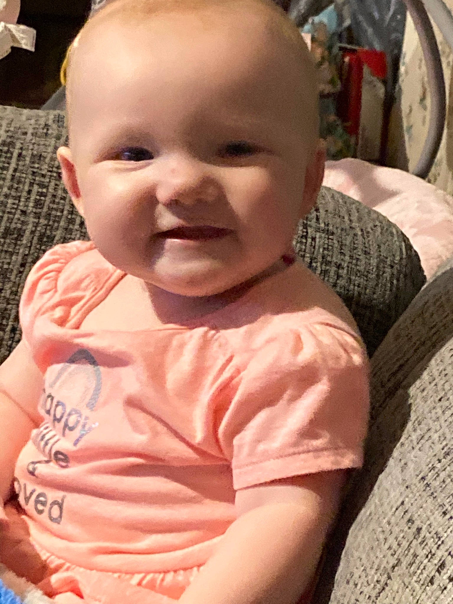 Addalyn is registered to the contest to win money with this photo: baby, baby_toddler_clothing, cheek, chin, ear, eye, face, forehead, hairstyle, happy, head, human_body, iris, lip, mouth, nose, person, pink, skin, sleeve