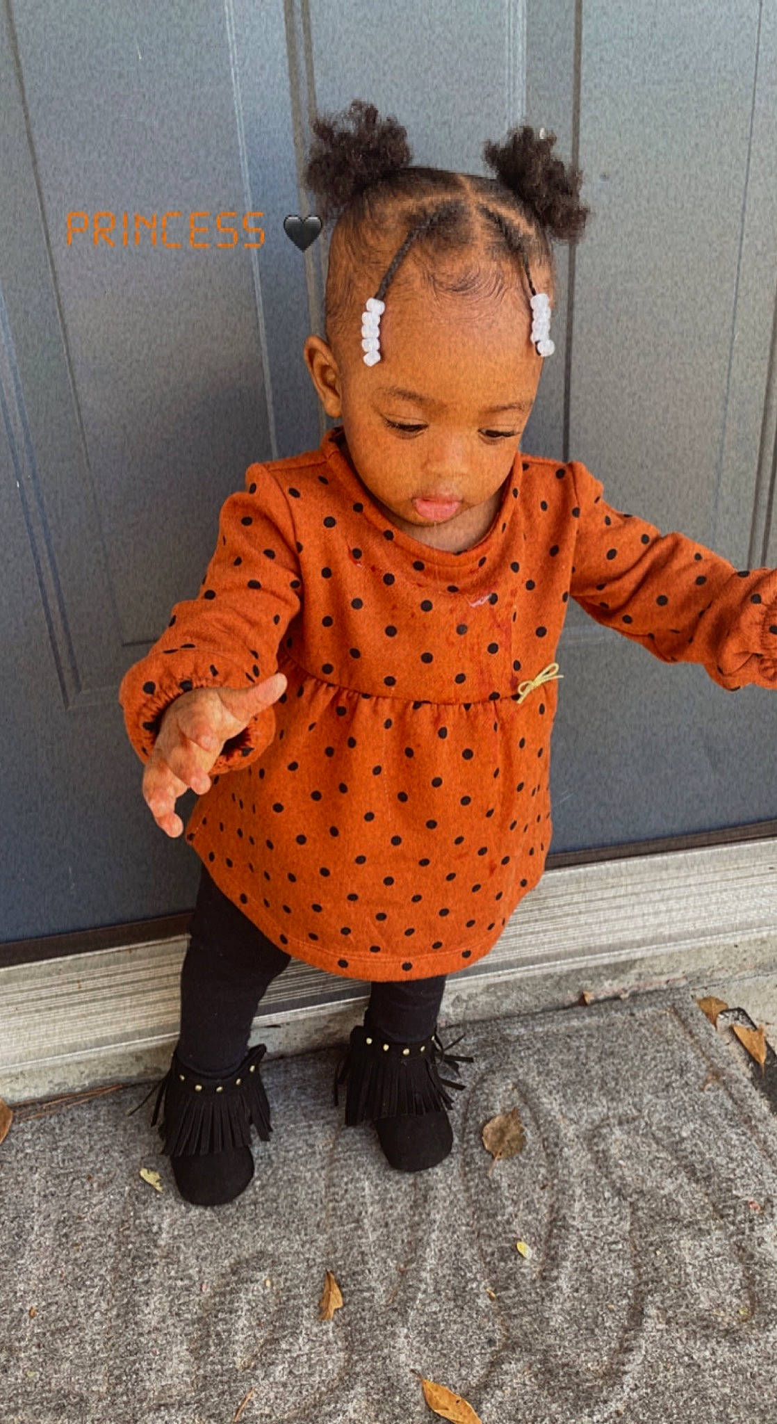 Laitynn Rose joined the competition — help win amazing prizes! arm, baby_toddler_clothing, dress, fashion_design, flooring, footwear, hair, hairstyle, happy, head, human_leg, knee, neck, orange, pattern, person, personal_protective_equipment, sleeve, street_fashion, thigh