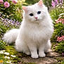 Neige participe au concours pour gagner de l'argent avec cette photo : animal, blue_eyes, cat, closeup, colorful, cute, flowers, fluffy, fur, garden, greenery, nature, outdoor, peaceful, pet, portrait, sitting, spring, stone_path, white_cat