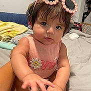 Anastassia is registered to the contest to win money with this photo: toddler, child, baby, pink_sunglasses, flower_sunglasses, pink_clothing, love_text, daisy_embroidery, bed, blanket, indoor, portrait, cute, reaching_hand, person, young_child, soft_lighting, cozy, casual, home
