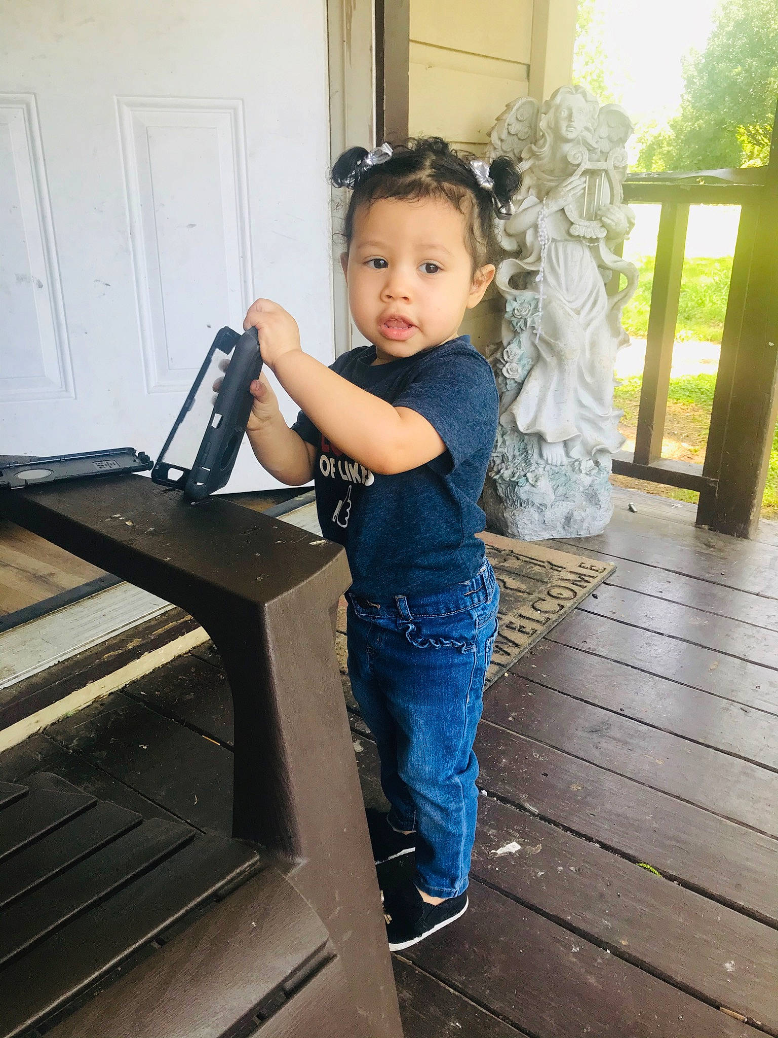 Amia joined the competition — help win amazing prizes! child, child_model, denim, jeans, leg, person, shoulder, smile, standing, toddler, waist