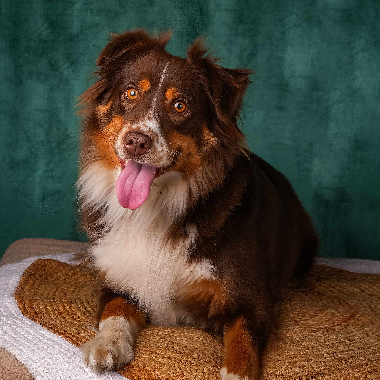 Una participe au concours pour gagner de l'argent avec cette photo : dog, australian_shepherd, tongue_out, pet, animal, brown_fur, white_fur, laying_down, indoor, cozy, mat, textured, portrait, cute, playful, ears_up, eyes, fur, canine, studio