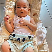 Gabriel a rejoint le concours — aidez-le/la à gagner de superbes lots ! baby, infant, child, cushion, bear_pattern, white_tank_top, panda_shorts, floor_tiles, looking_at_camera, indoor, light, cute, clothing, person, baby_clothes, face, hands, legs, expression, soft_toys_pattern