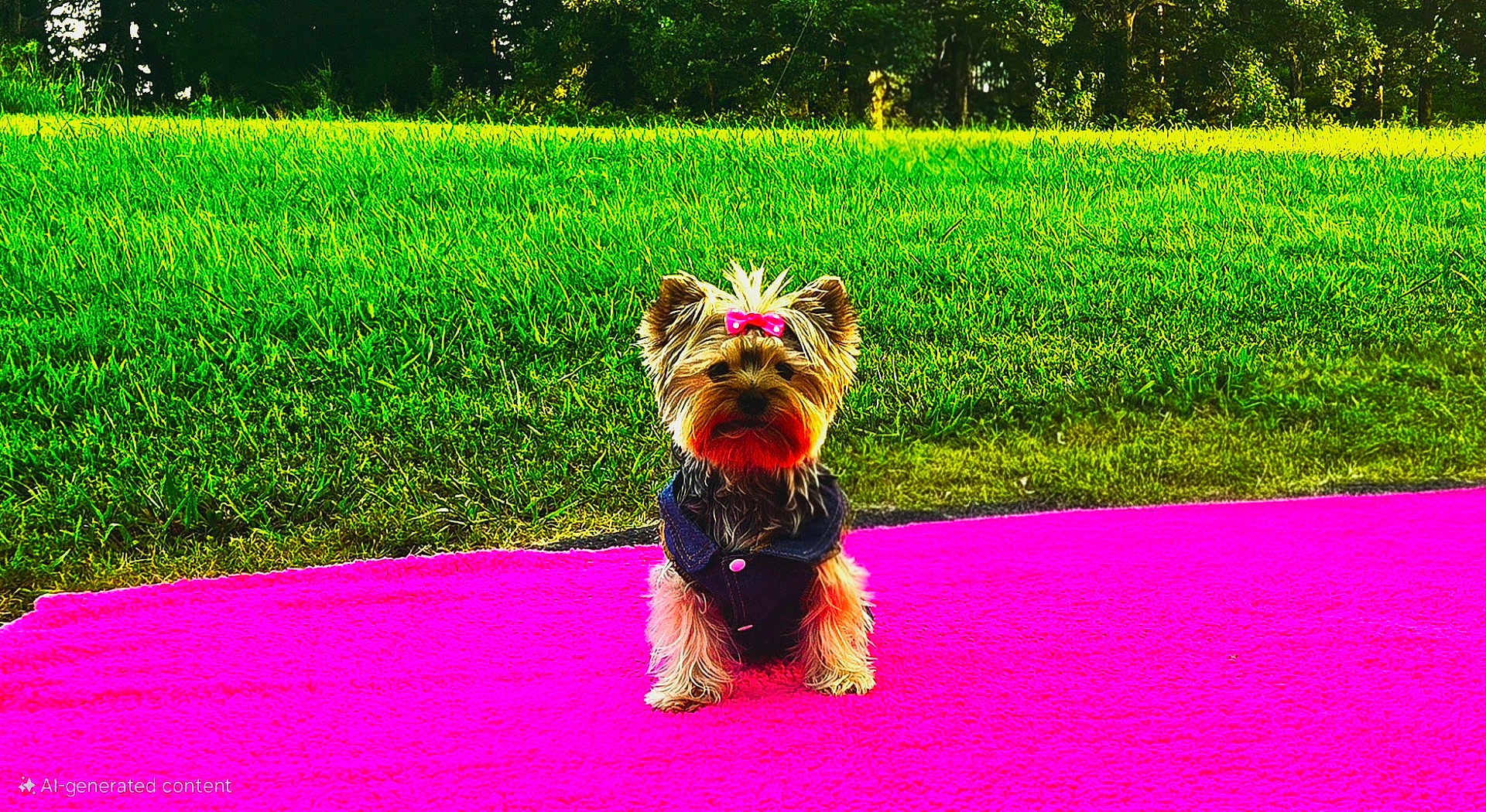 Sophie joined the competition — help win amazing prizes! dog, small_dog, pink_bow, denim_vest, pink_blanket, grass, outdoor, pet, cute, animal, greenery, sunlight, nature, fur, canine, sitting, portrait, daytime, playful, adorable