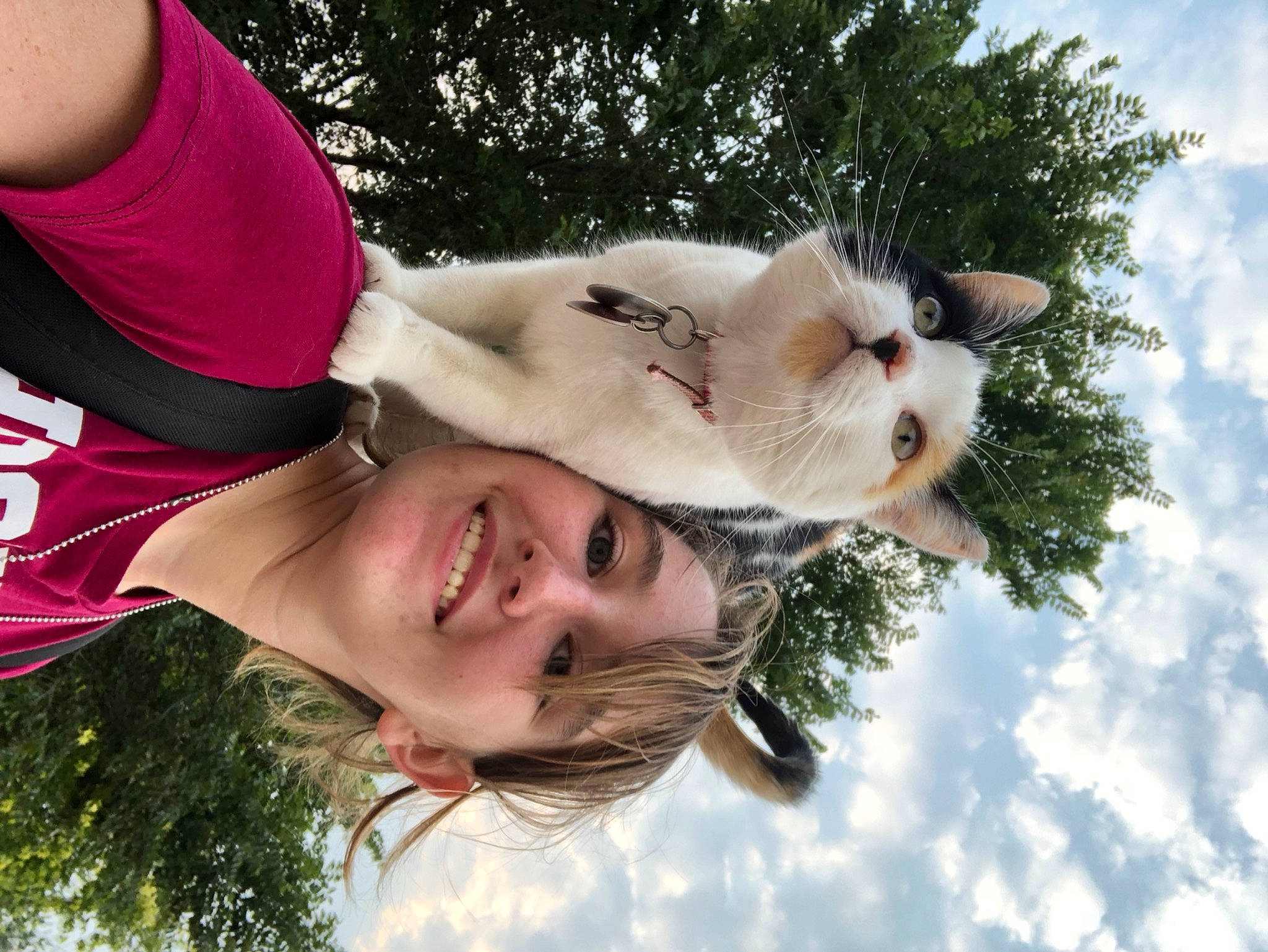 Calico joined the competition — help win amazing prizes! carnivore, cloud, companion_dog, dog_breed, eyewear, felidae, fun, fur, gesture, grass, happy, leisure, people_in_nature, plant, sky, small_to_medium_sized_cats, smile, tail, tree, whiskers