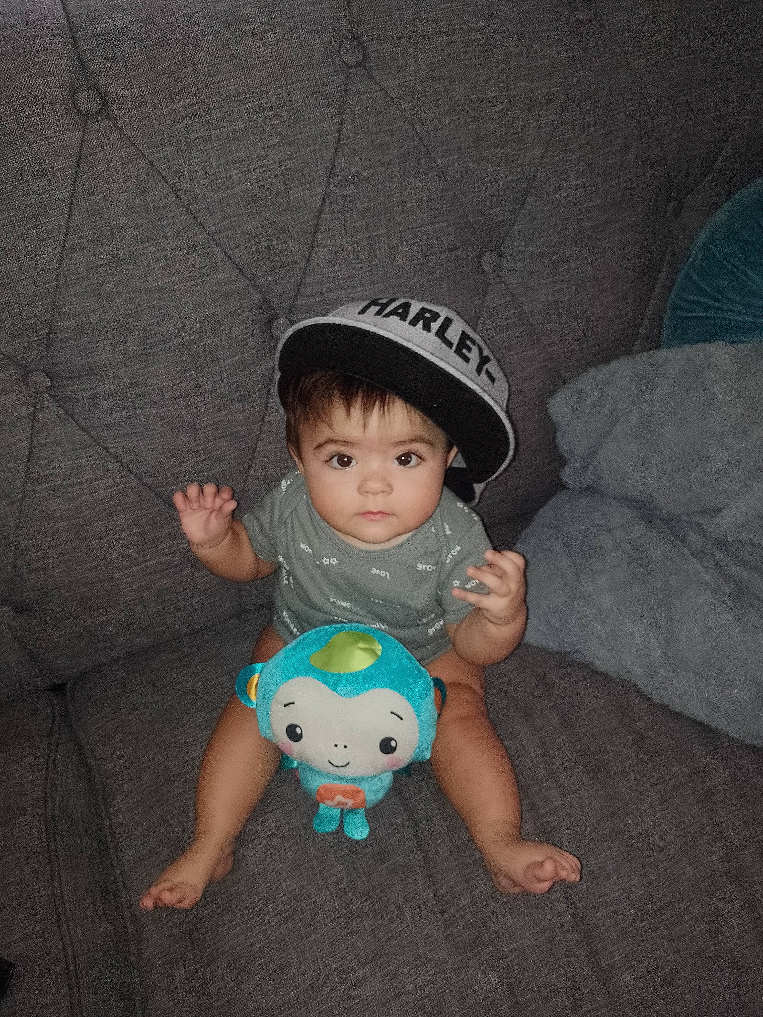 Karolina joined the competition — help win amazing prizes! arm, baby, baby_products, baby_toddler_clothing, baseball_cap, cap, child, comfort, doll, finger, foot, happy, pattern, person, sitting, skin, sleeve, stuffed_toy, t_shirt, textile