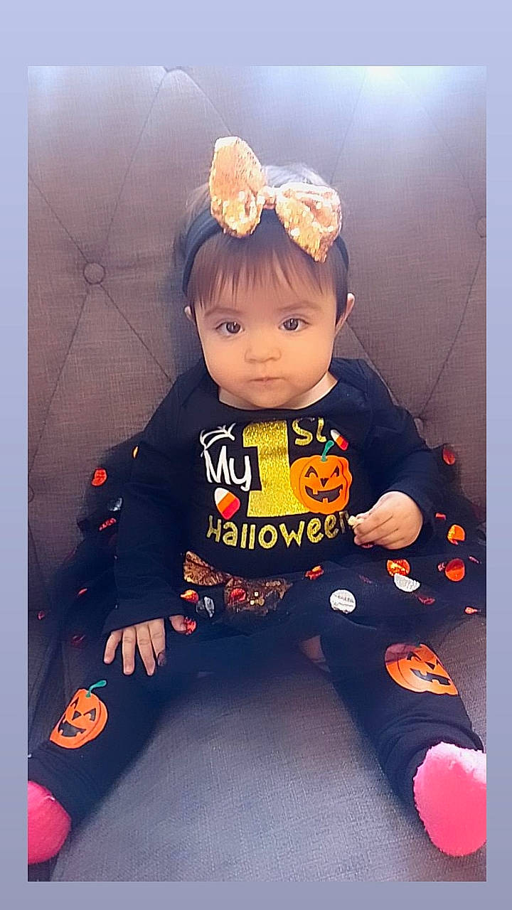 Karolina is registered to the contest to win money with this photo: baby, baby_toddler_clothing, baby_toys, child, cool, dress, flooring, font, happy, head, orange, pattern, person, pink, play, sitting, sleeve, suit, t_shirt, toddler