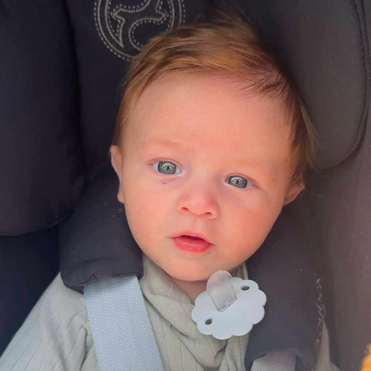 Sven participe au concours pour gagner de l'argent avec cette photo : baby, baby_accessory, blue_eyes, car_seat, child, clothing, cute, expression, face, hair, human, indoor, infant, infant_clothing, looking_at_camera, portrait, safety_harness, seatbelt, soft_light, young