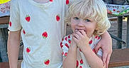 boy, candid, casual_clothing, child, children, daytime, glasses, greenery, happy, matching_clothes, outdoor, park, pavilion, picnic, playful, shorts, siblings, smile, strawberry_pattern, sunny