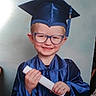 Austin is registered to the contest to win money with this photo: child, baby, graduation, cap_and_gown, glasses, diploma, smile, portrait, photograph, car_interior, steering_wheel, blue_clothing, cute, happy, young_child, formal_wear, celebration, person, holding, background