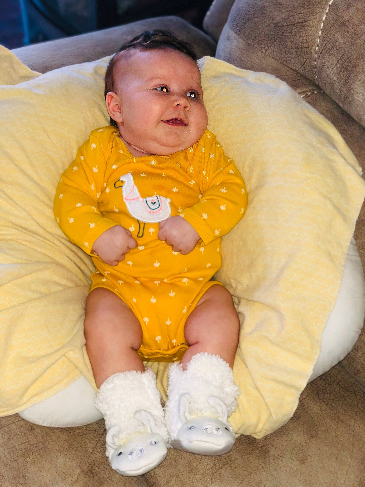 Blakeleigh joined the competition — help win amazing prizes! baby, child, person, sitting, skin, smile, toddler, yellow