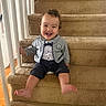 toddler, child, smiling, stairs, carpet, indoor, railing, clothing, bow_tie, happy, sitting, person, cute, portrait, baby, casual, home, hand, foot, light