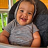 Albin joined the competition — help win amazing prizes! toddler, child, smiling, curly_hair, striped_clothing, hoodie, high_chair, indoor, window, orange_blinds, greenery, happy, face, portrait, baby, cute, seated, person, young_child, expression