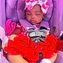 baby, sleeping, car_seat, purple, red_tutu, headband, strawberry_pattern, infant, clothing, safety_harness, cute, adorable, child, sunlight, pink, white_socks, seat_belt, toddler, portrait, resting
