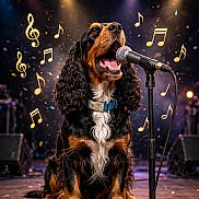 Olaf participe au concours pour gagner de l'argent avec cette photo : dog, spaniel, singing, microphone, stage, concert, music, musical_notes, performance, spotlights, confetti, sitting, long_hair, floppy_ears, open_mouth, collar, black_and_tan, brown_fur, white_chest, entertainment