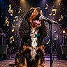 dog, spaniel, singing, microphone, stage, concert, music, musical_notes, performance, spotlights, confetti, sitting, long_hair, floppy_ears, open_mouth, collar, black_and_tan, brown_fur, white_chest, entertainment