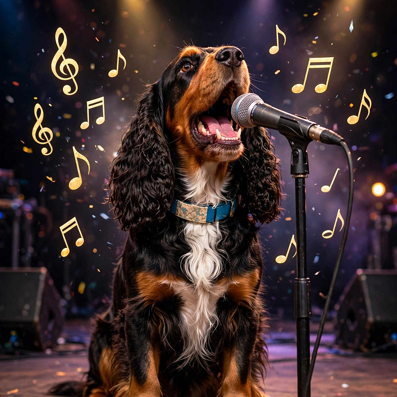 Olaf participe au concours pour gagner de l'argent avec cette photo : dog, spaniel, singing, microphone, stage, concert, music, musical_notes, performance, spotlights, confetti, sitting, long_hair, floppy_ears, open_mouth, collar, black_and_tan, brown_fur, white_chest, entertainment